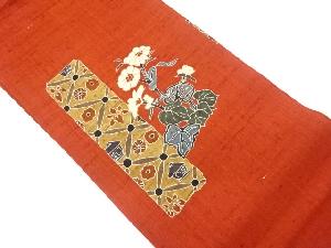 手織り紬金彩短冊に草花模様名古屋帯